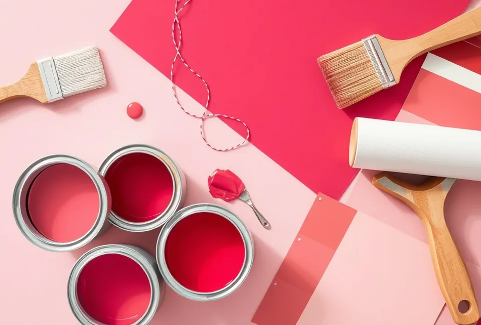 Pots de peinture, nuancier, brosses et rouleaux disposés à plat