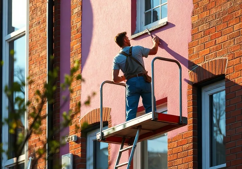 Peintre sur échafaudage traitant la façade d'une maison